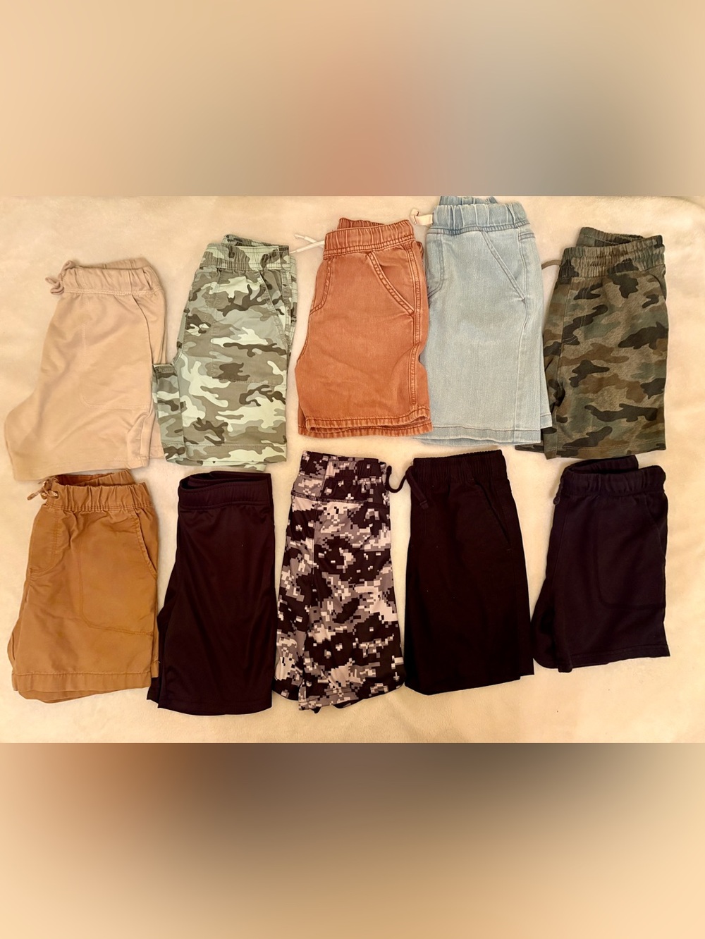Kids Pull-On Shorts Pack, Light Blue, Tan, Camouflage, Black size 9. No stains